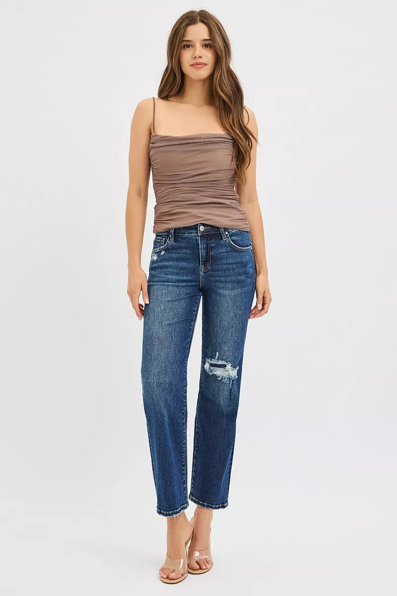 Jean droit court et slim taille haute RISEN avec renforts cachés aux genoux