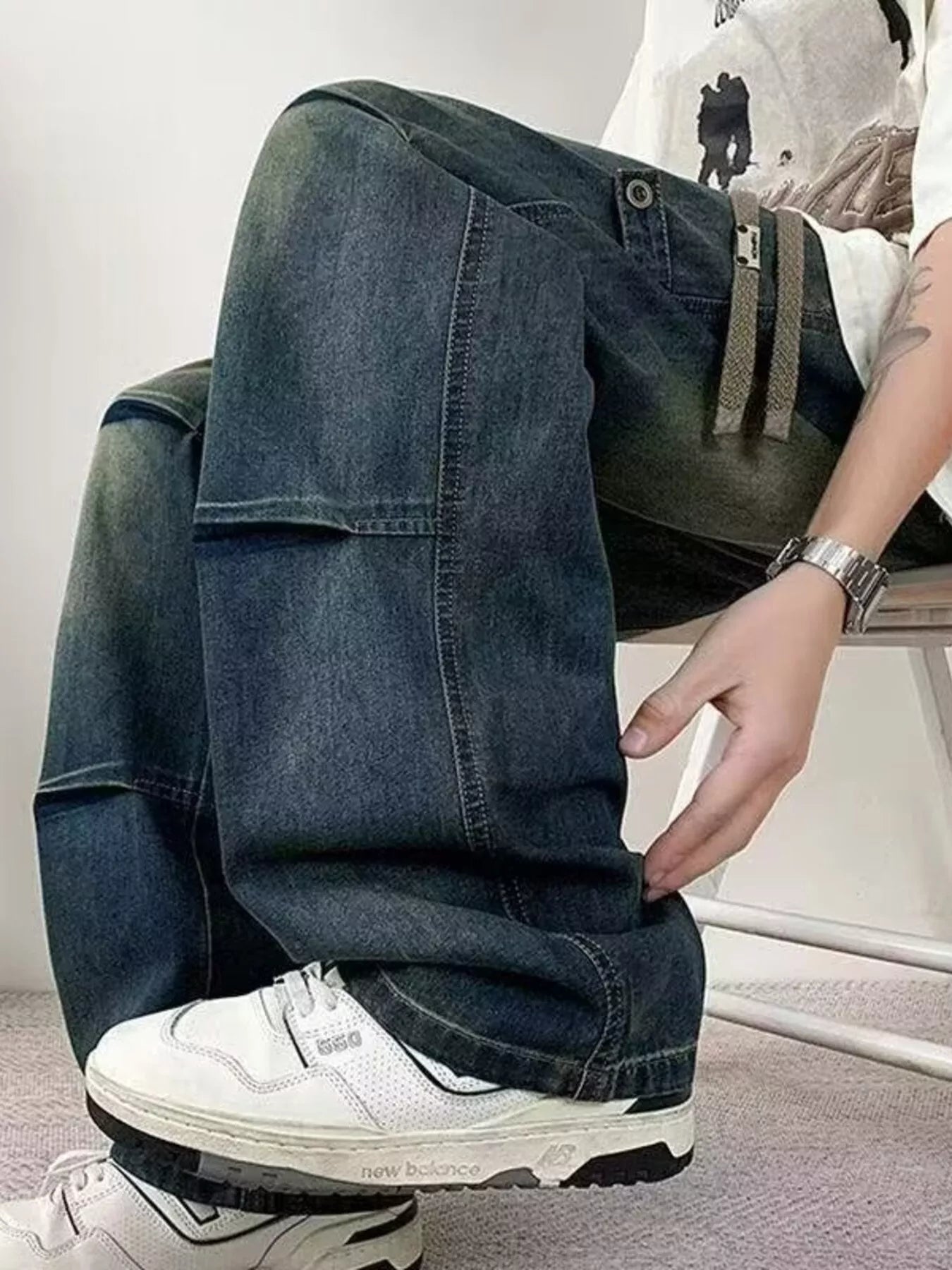 Jeans homme grande taille, jambes larges, délavage standard Elégance District