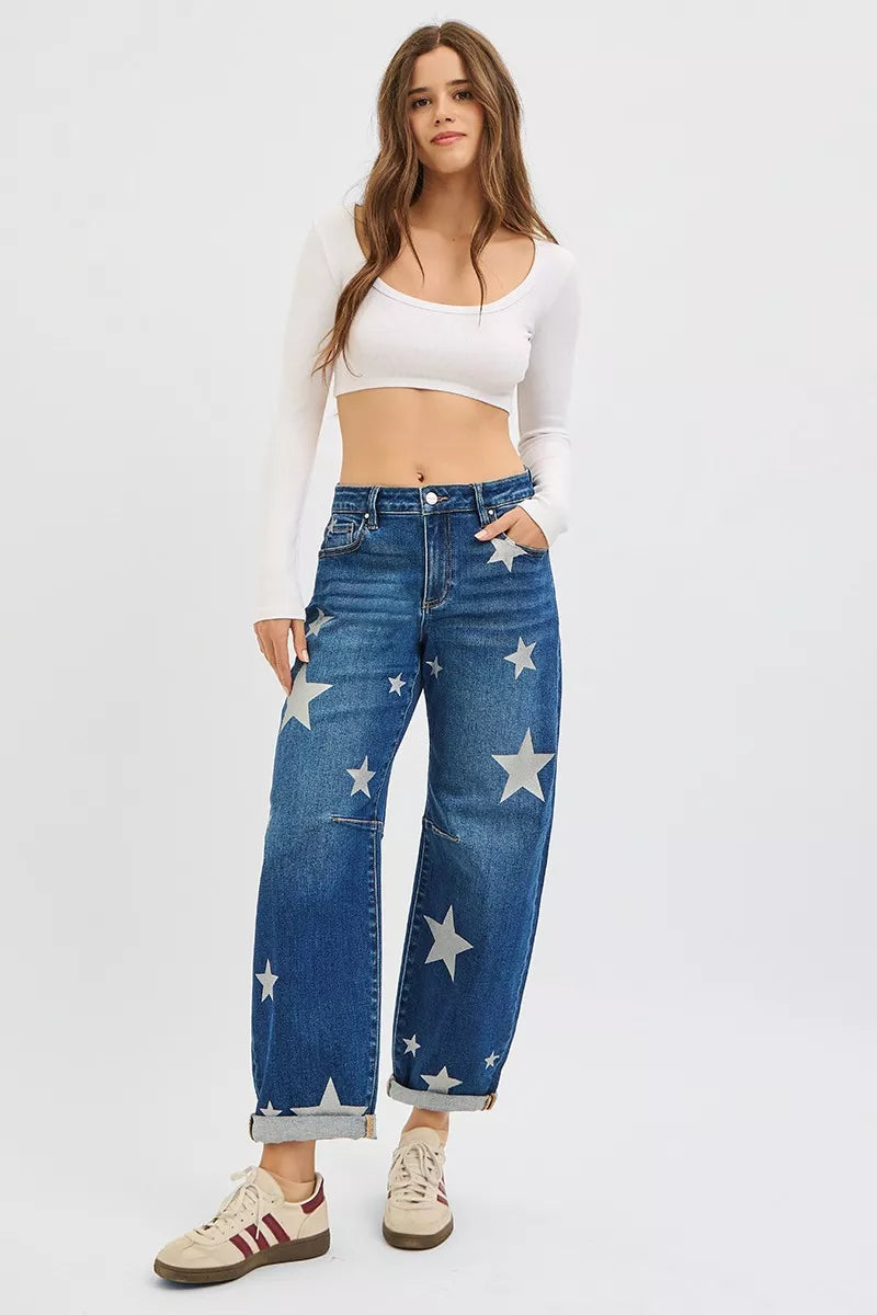 Jean RISEN taille mi-haute, longueur cheville, coupe décontractée, imprimé étoiles