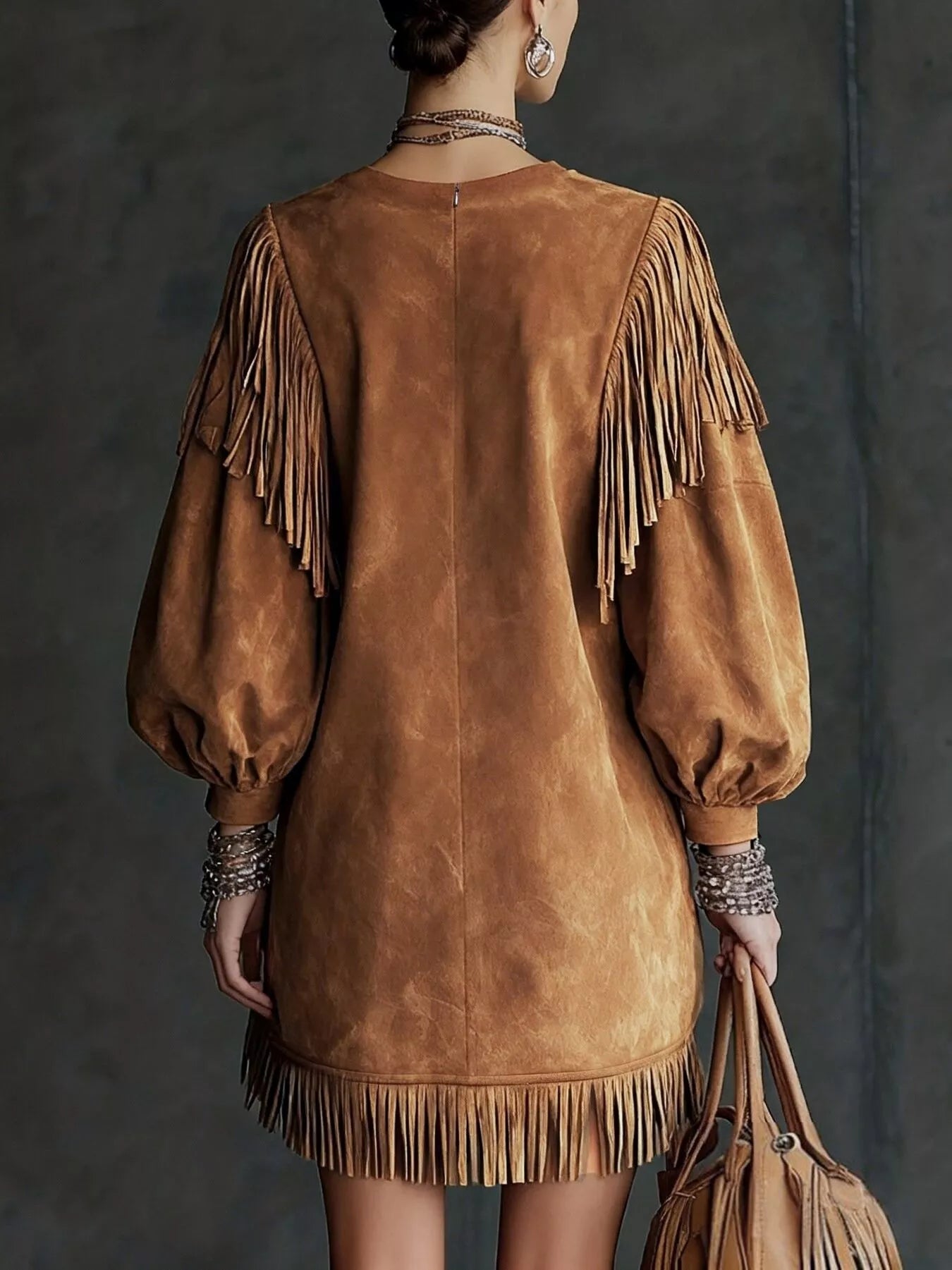 Robe courte en daim à franges et manches lanternes Elégance District