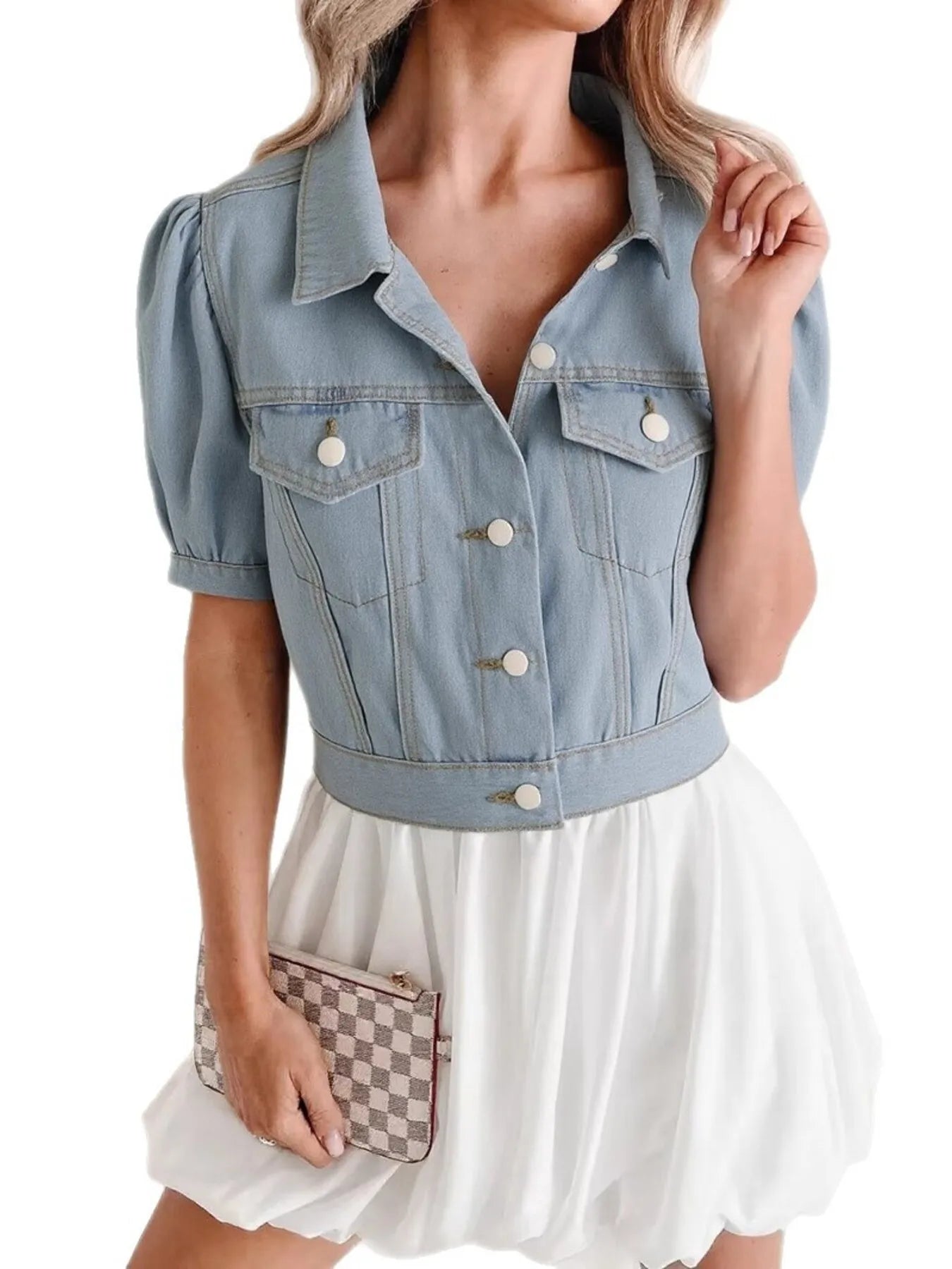 Veste jean courte à manches bouffantes boutonnée Elégance District