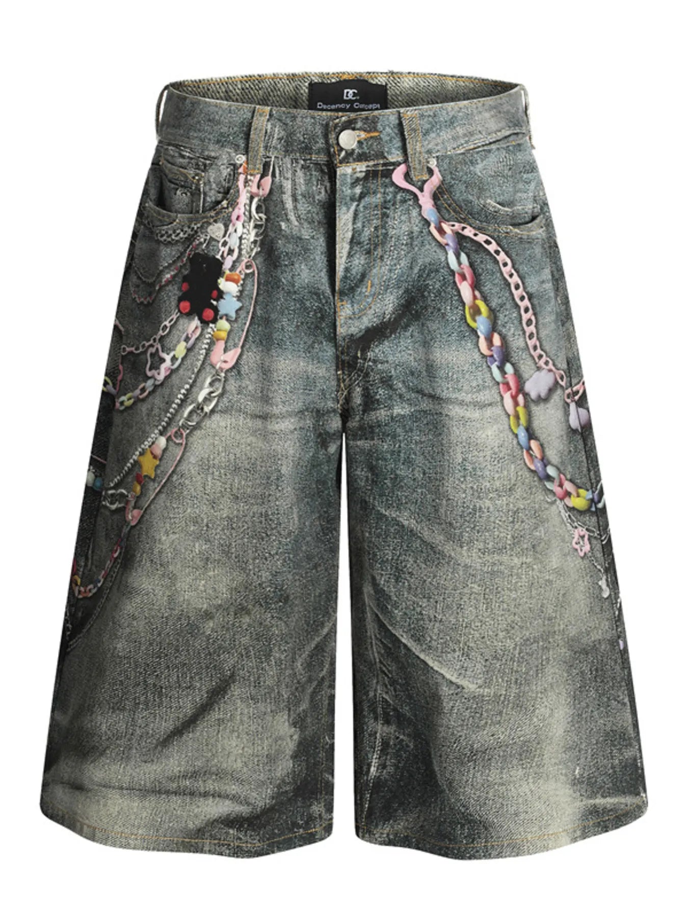 Short jean imprimé de chaînes à perles colorées pour homme   Elégance District