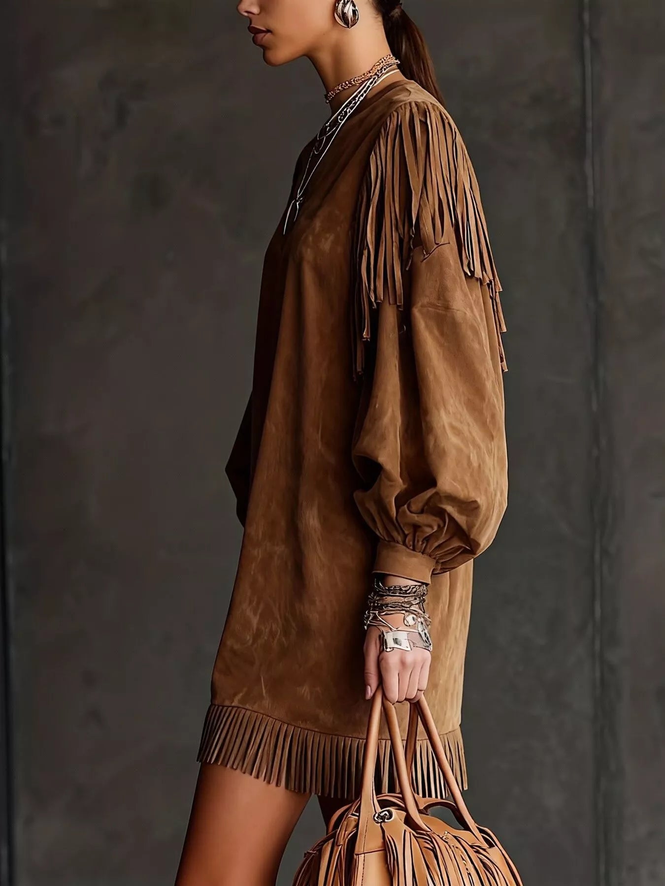 Robe courte en daim à franges et manches lanternes   Elégance District