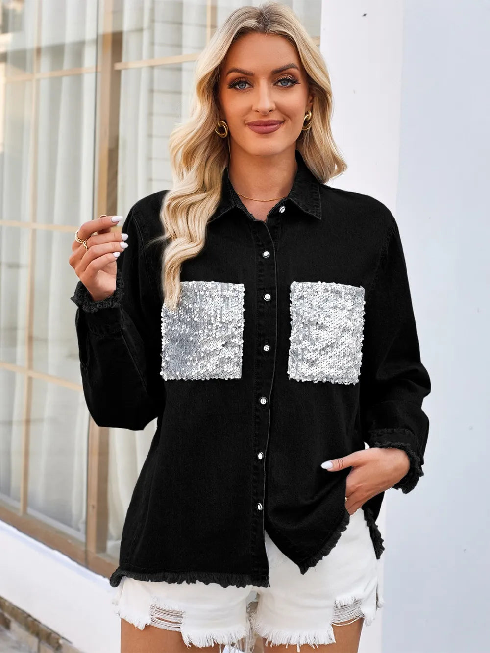 Veste jean à manches longues boutonnée à ourlet brut avec poches Sequin