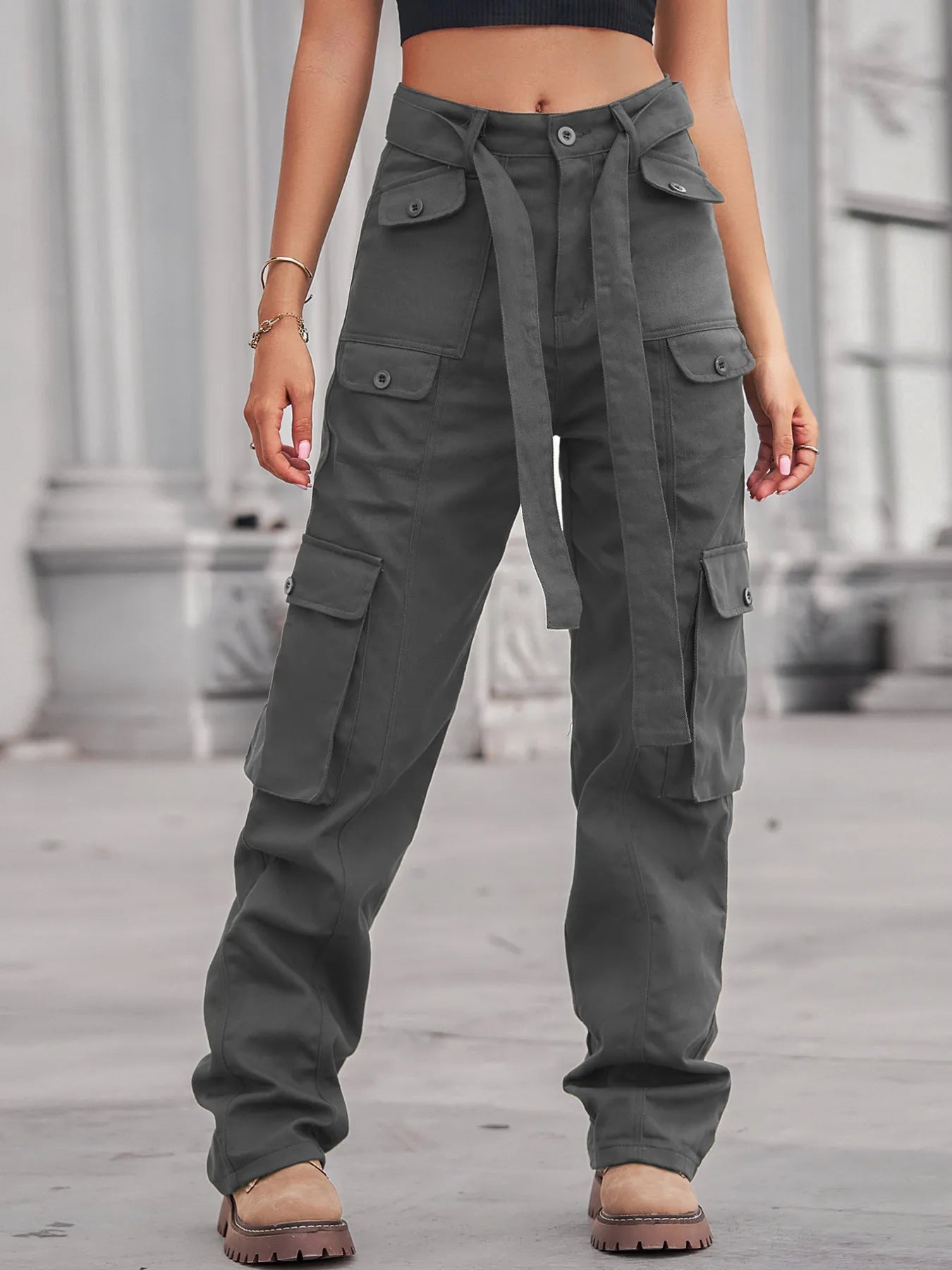 Jean cargo taille haute à poches multiples   Elégance District