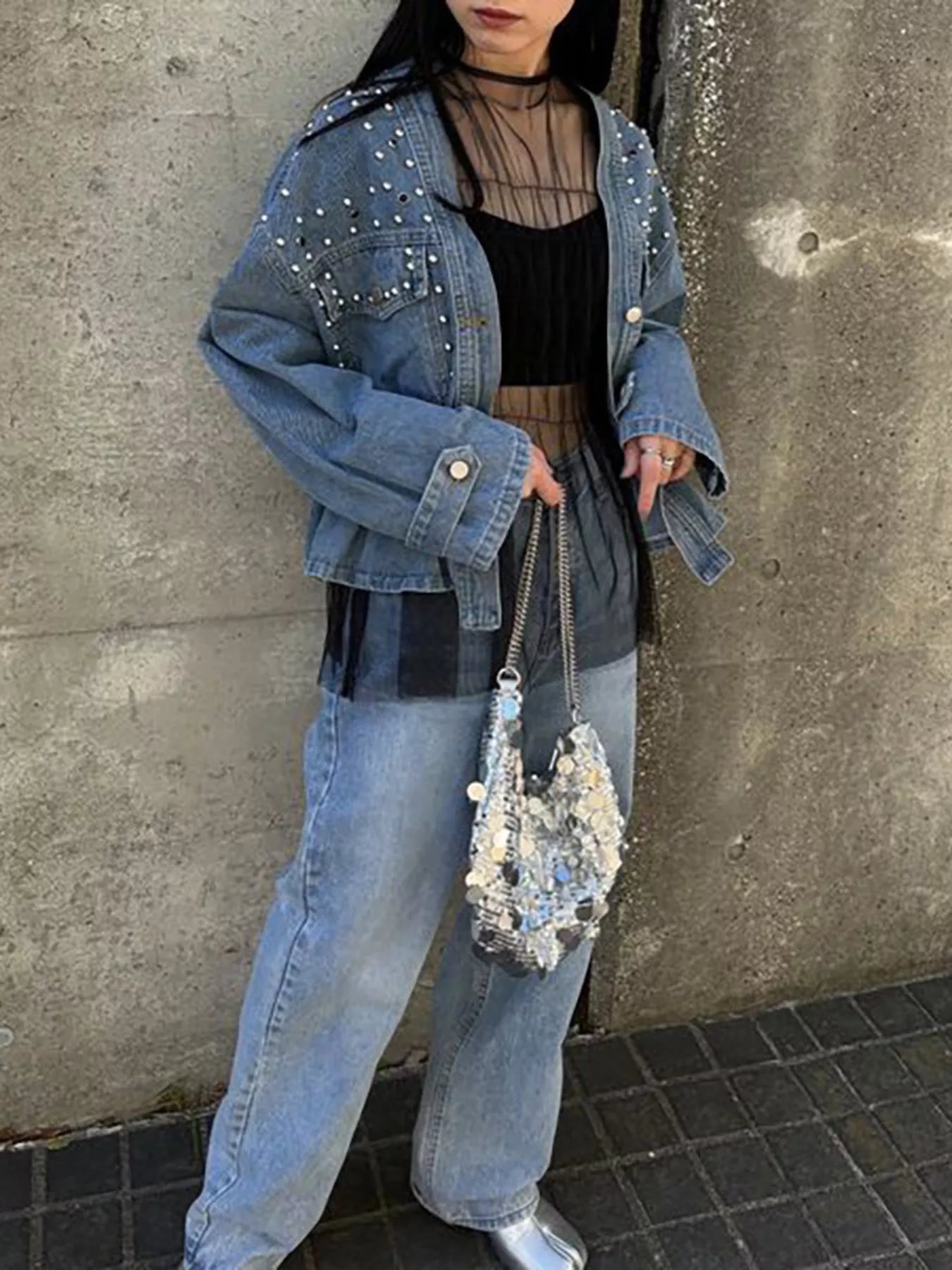 Veste  jean boutonnée cloutée  Elégance District