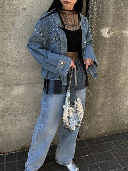 Veste  jean boutonnée cloutée  Elégance District