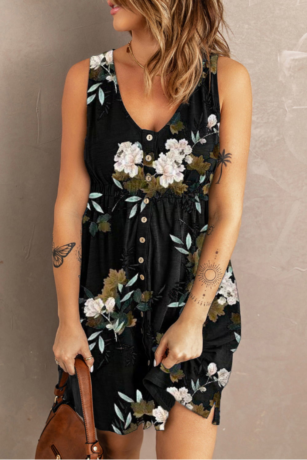 Robe Imprimée Boutonnée avec Poches Sans Manches - Élégance District
