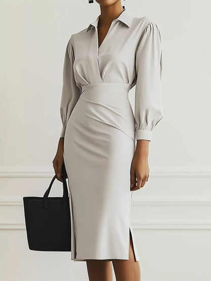 Robe chemise midi froncée avec fente latérale  Elégance District