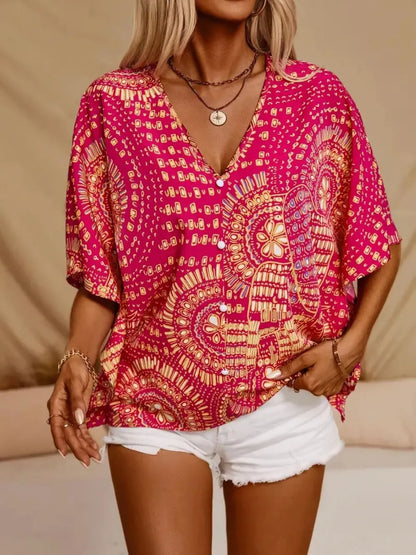 Chemise  imprimée à col en V et manches courtes    Elégance District