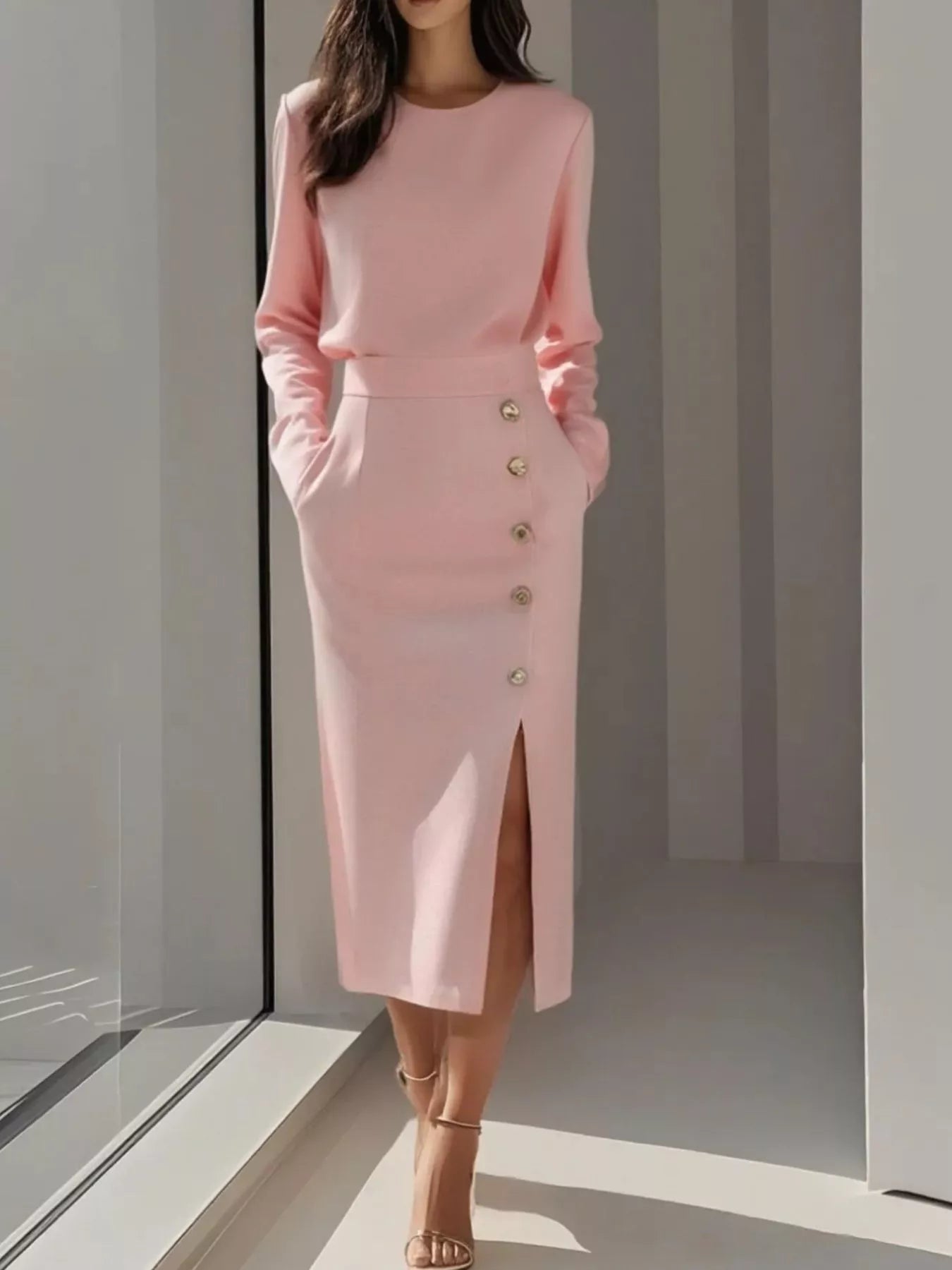 Robe midi à manches longues boutonnée avec fente latérale   Elégance District