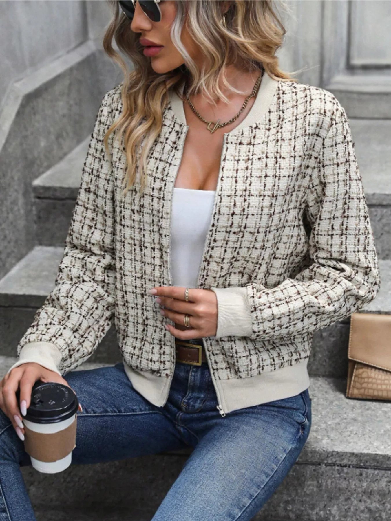 Blouson aviateur zippé en tweed - Élégance District 