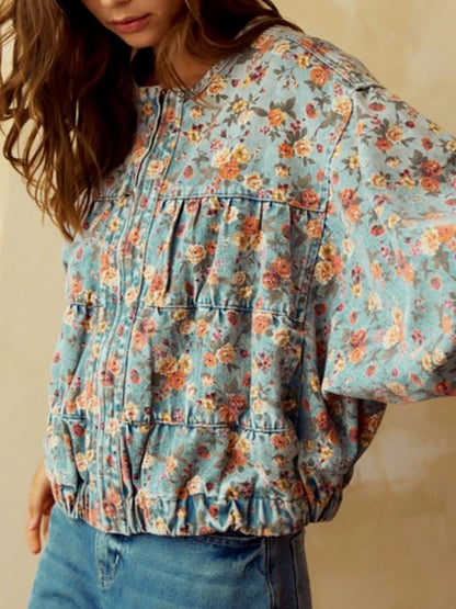 Veste jean courte zippée à imprimé floral    Elégance District