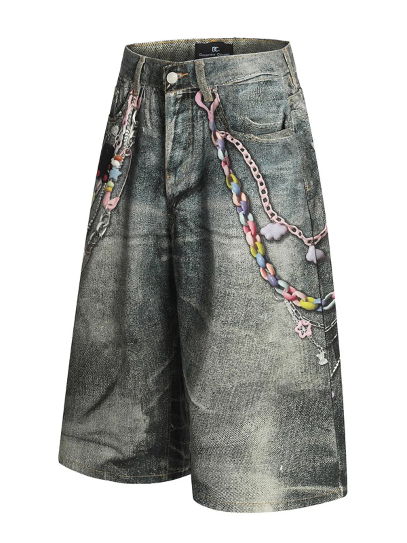 Short jean imprimé de chaînes à perles colorées pour homme   Elégance District