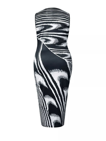 Robe longue moulante imprimé abstrait sans manches - Elégance 