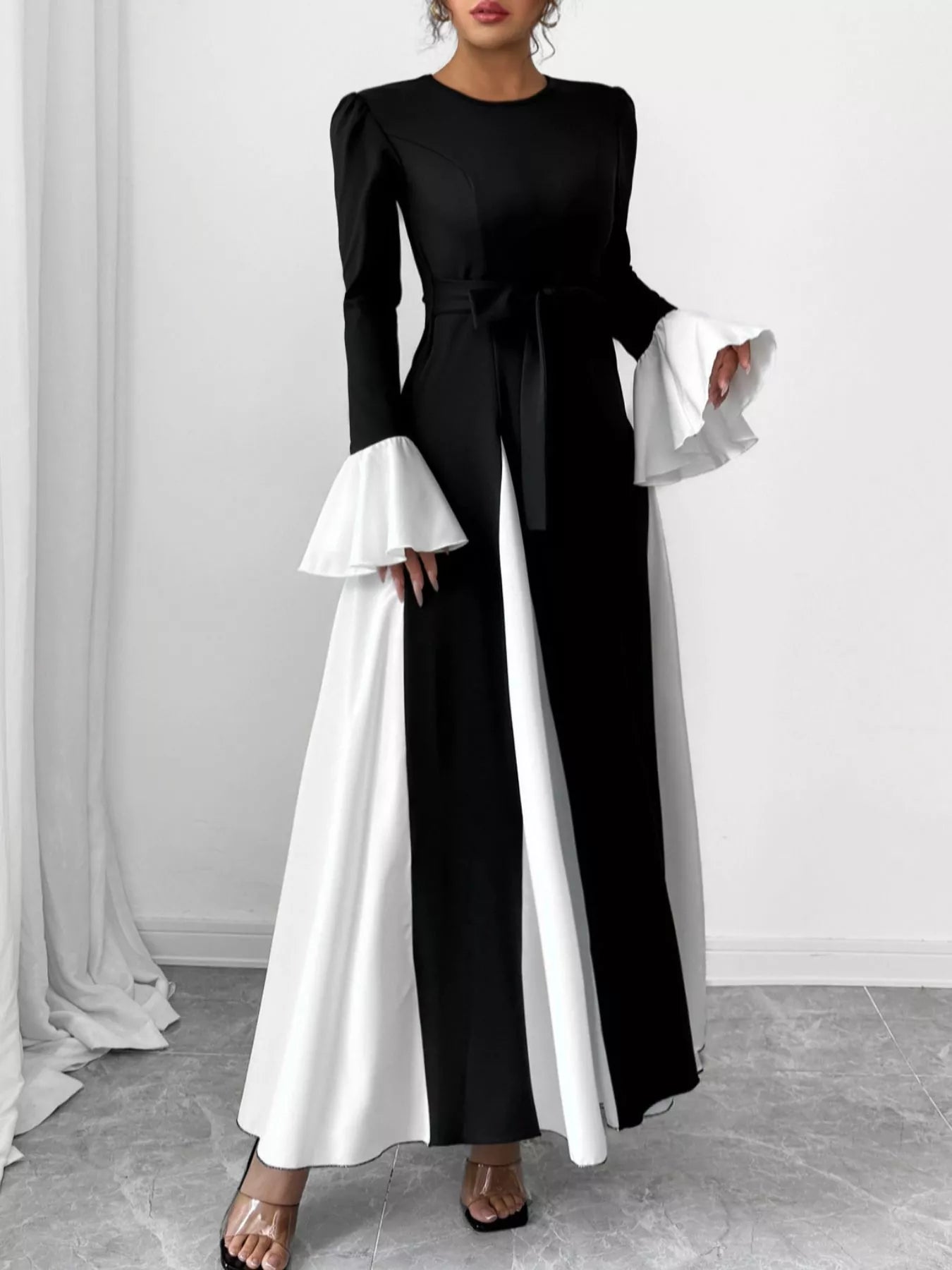 Robe longue col rond contrastant manches évasées femme - Élégance District