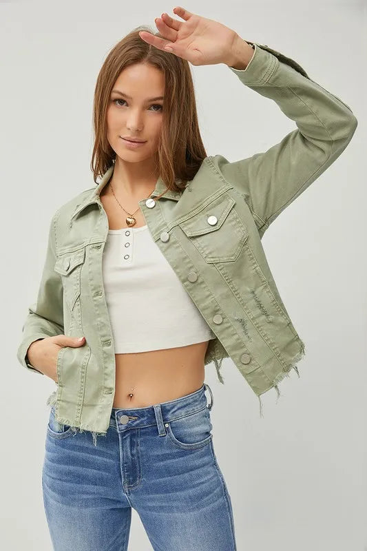 Veste  jean courte boutonnée à ourlet brut, grande taille   RISEN  