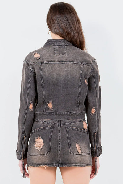 Veste de motard jean American Bazi, grande taille, effet vieilli, ornée de clous étoiles