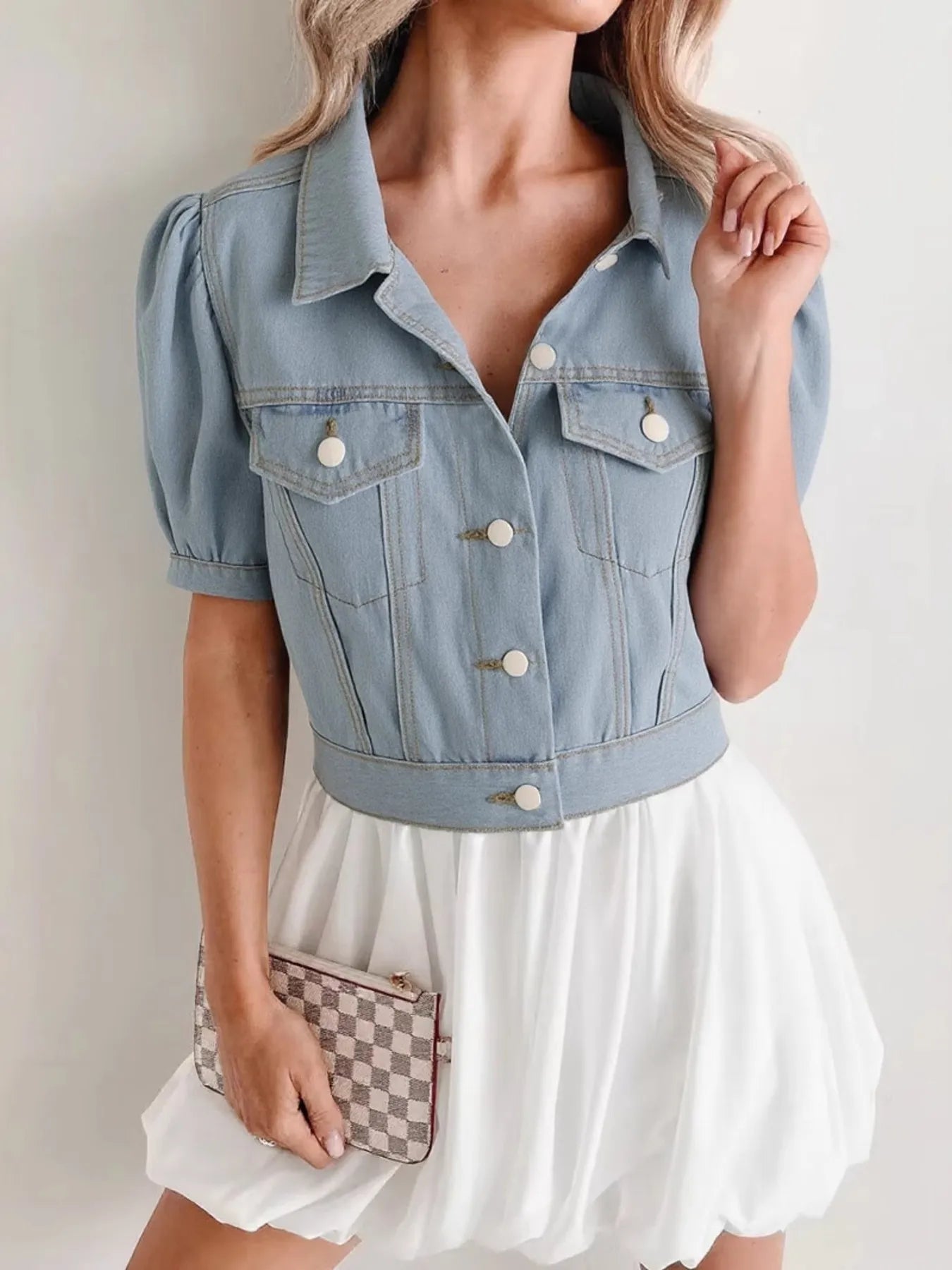 Veste  jean courte à manches bouffantes boutonnée   Elégance District