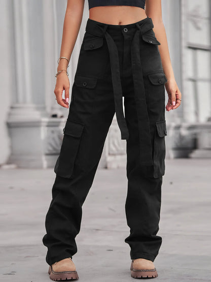 Jean cargo taille haute à poches multiples   Elégance District