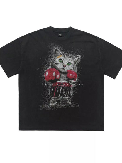 T-shirt homme à motif chat, délavage vintage   Elégance District