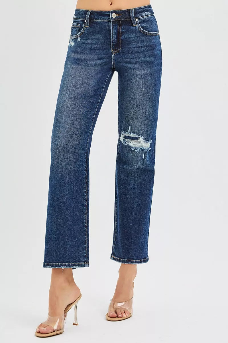 Jean droit court et slim taille haute RISEN avec renforts cachés aux genoux