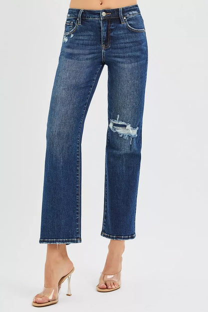 Jean droit court et slim taille haute RISEN avec renforts cachés aux genoux