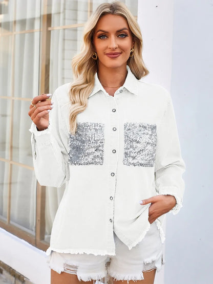 Veste jean à manches longues boutonnée à ourlet brut avec poches Sequin