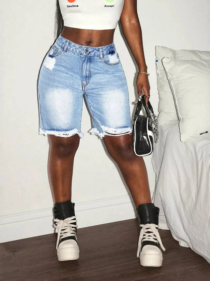 Short  jean taille haute délavé à ourlet effiloché   Elégance District
