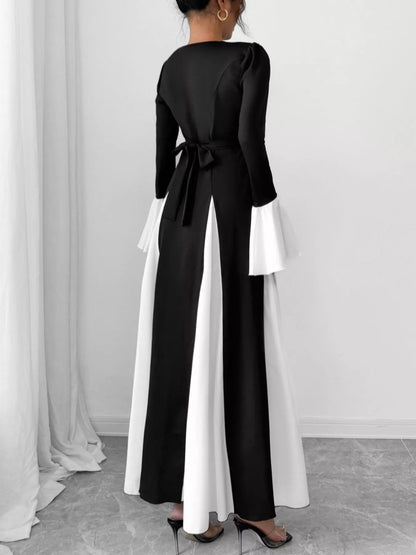 Robe longue col rond contrastant manches évasées femme - Élégance District