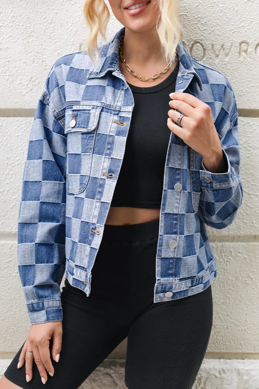 Veste  jean à carreaux boutonnée à manches longues   Elégance District