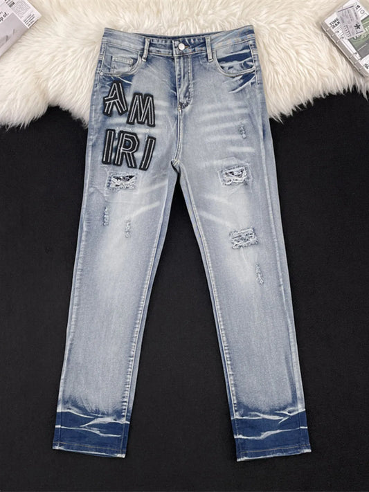 Jean skinny homme grande taille imprimé lettres délavé  Elégance District