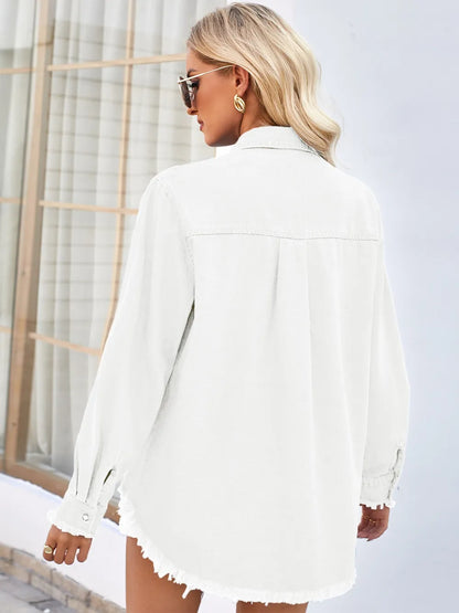 Veste jean à manches longues boutonnée à ourlet brut avec poches Sequin