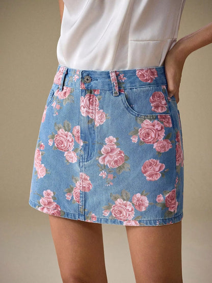 Jupe jean imprimé floral femme denim - Élégance District