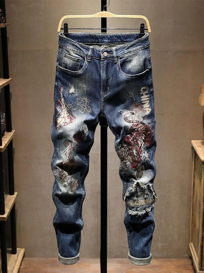 Jean brodé délavé [détail] homme denim premium - Élégance District