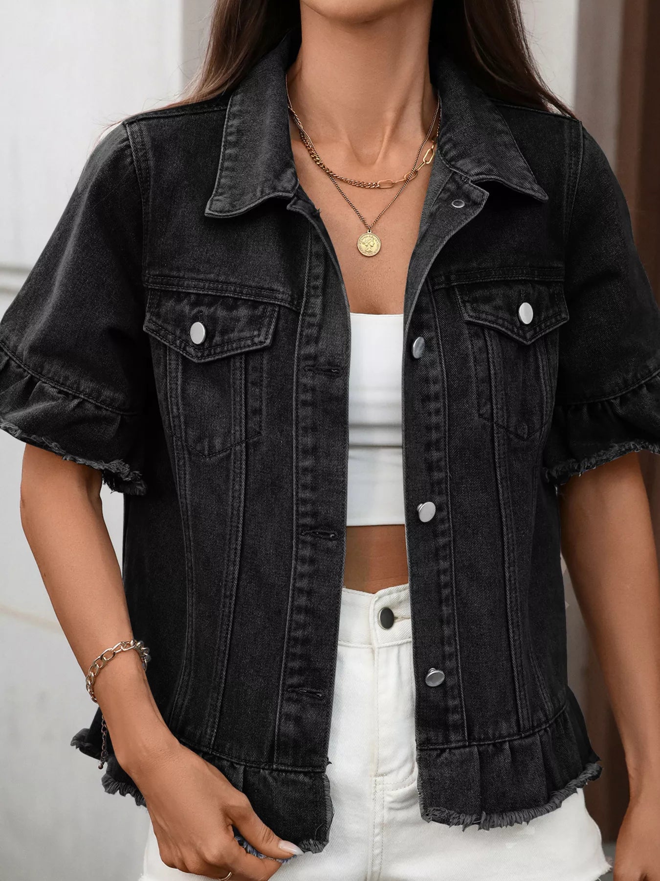 Veste jean boutonnée à ourlet brut - Élégance District - 