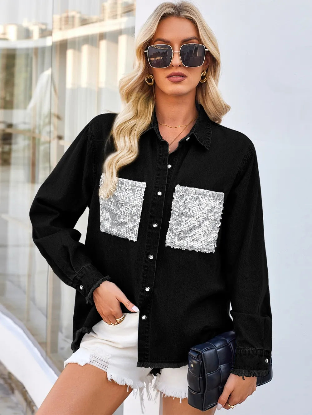 Veste jean à manches longues boutonnée à ourlet brut avec poches Sequin