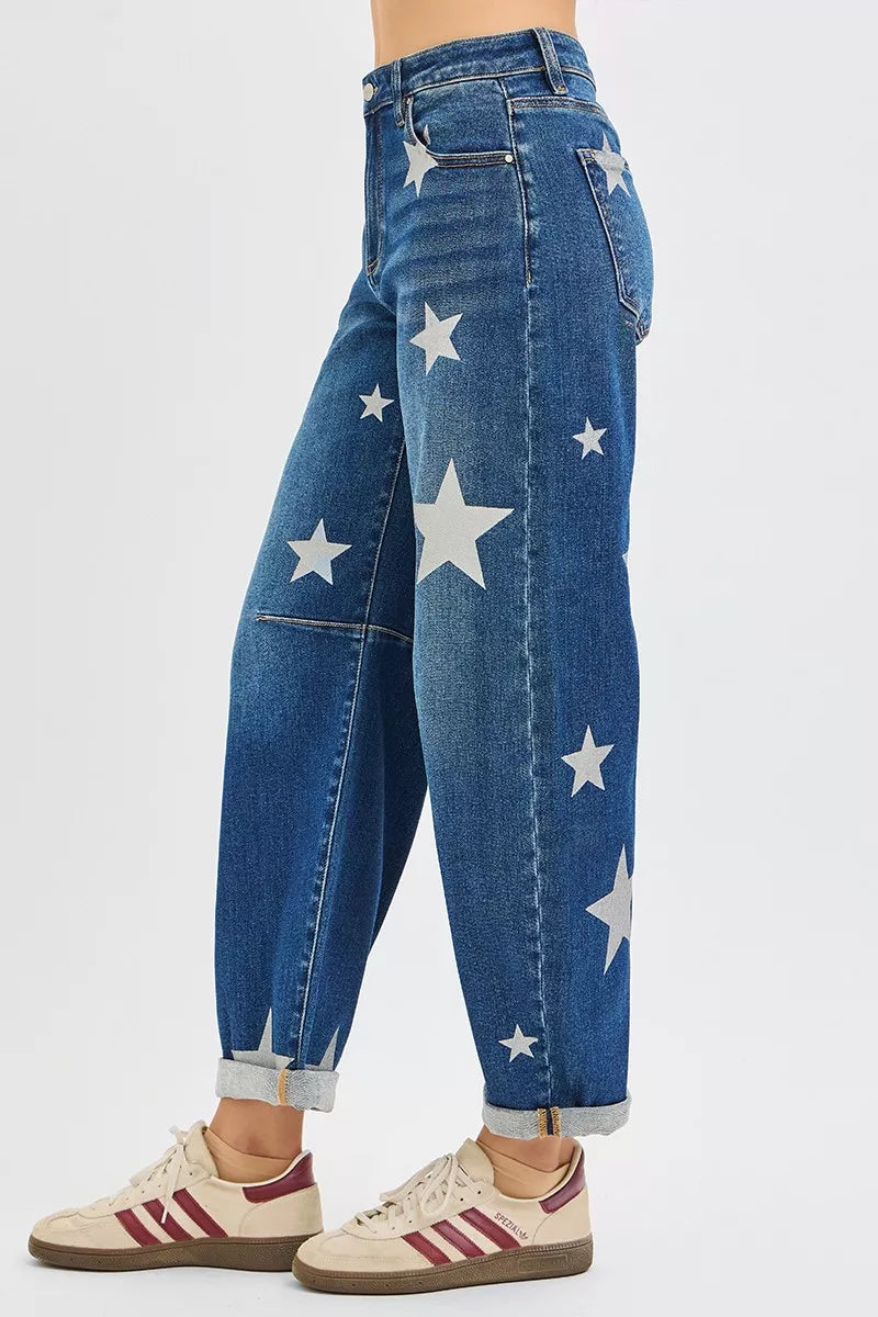 Jean RISEN taille mi-haute, longueur cheville, coupe décontractée, imprimé étoiles