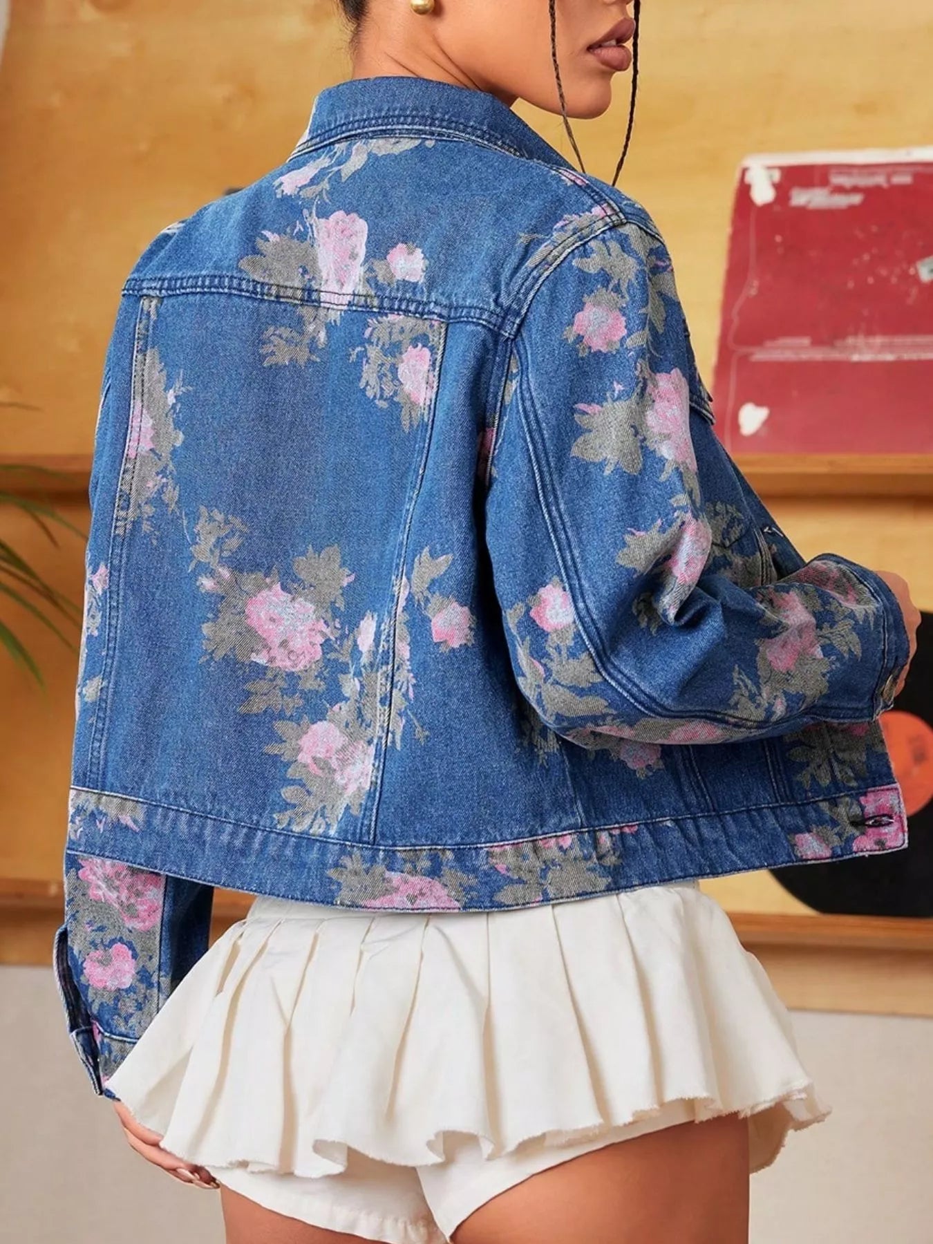 Veste jean courte imprimé floral femme denim - Élégance District