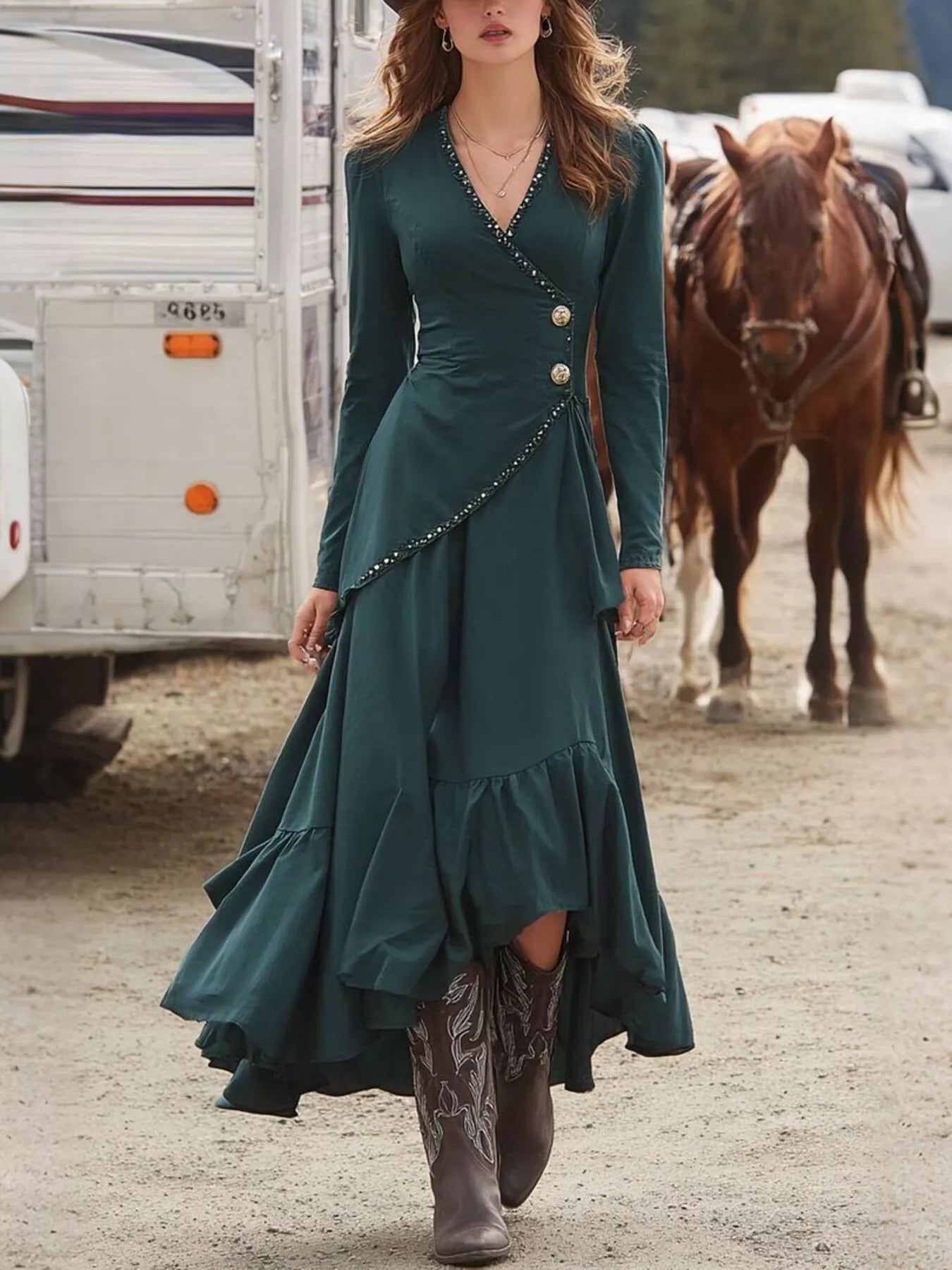 Robe longue asymétrique à volants et décolleté cache-cœur    Elégance District