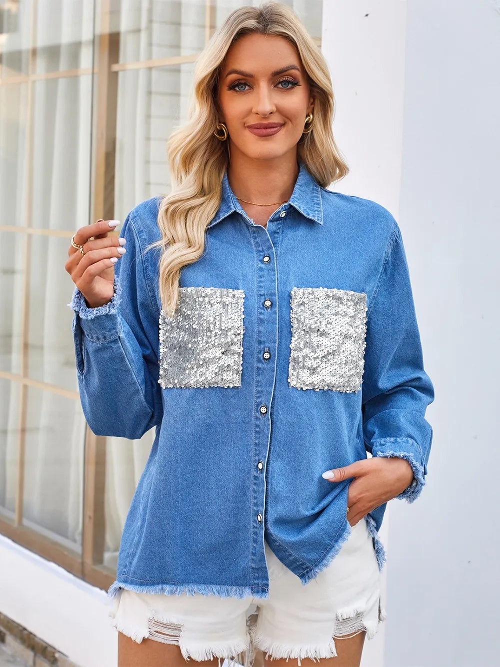 Veste jean à manches longues boutonnée à ourlet brut avec poches Sequin