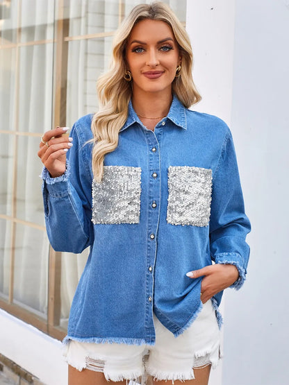 Veste jean à manches longues boutonnée à ourlet brut avec poches Sequin