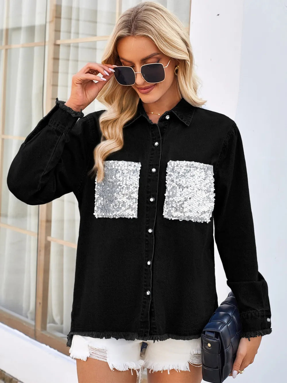 Veste jean à manches longues boutonnée à ourlet brut avec poches Sequin