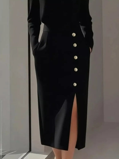 Robe midi à manches longues boutonnée avec fente latérale   Elégance District
