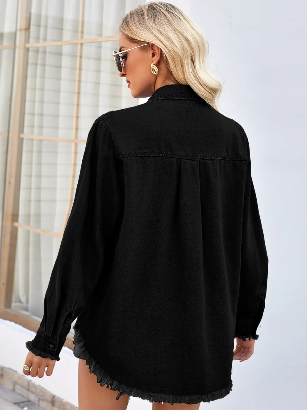 Veste jean à manches longues boutonnée à ourlet brut avec poches Sequin