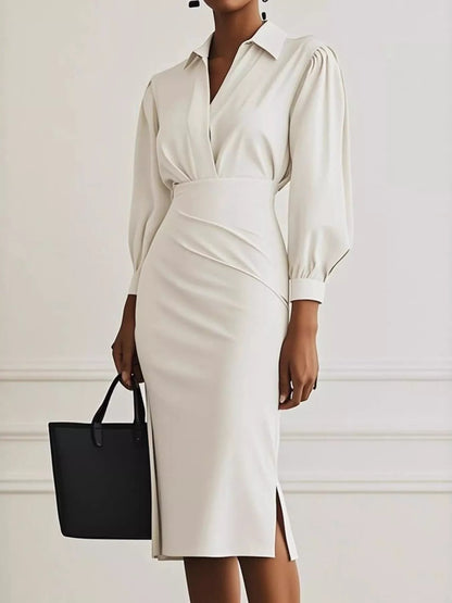 Robe chemise midi froncée avec fente latérale  Elégance District