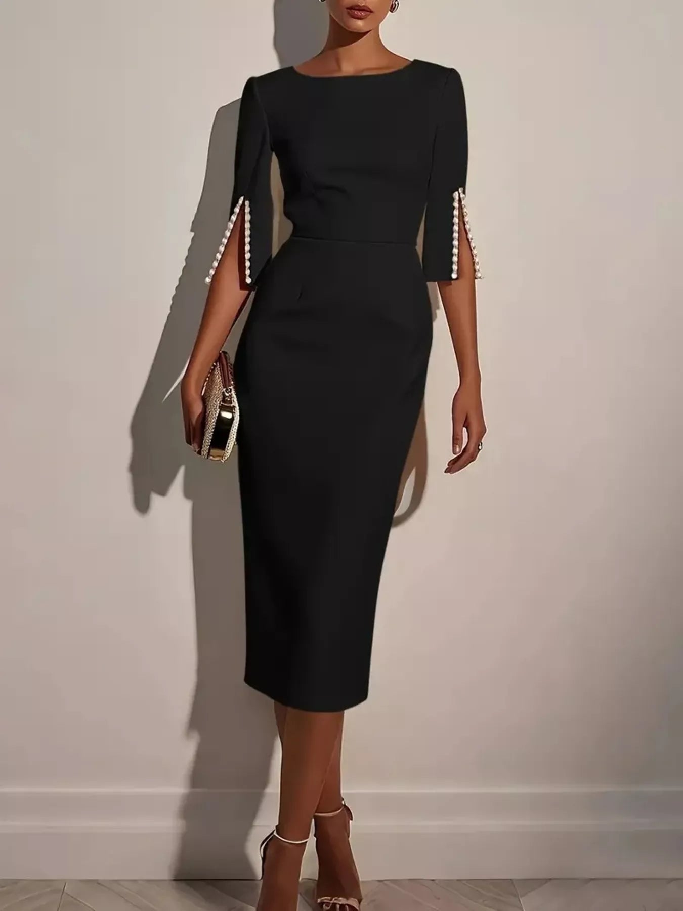 Robe midi élégante et cintrée à manches fendues ornées de perles   Elégance District