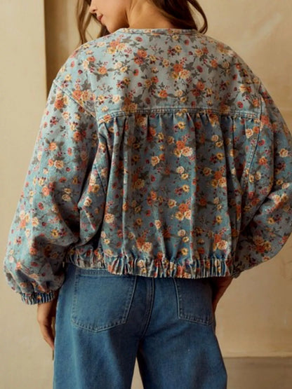 Veste jean courte zippée à imprimé floral    Elégance District
