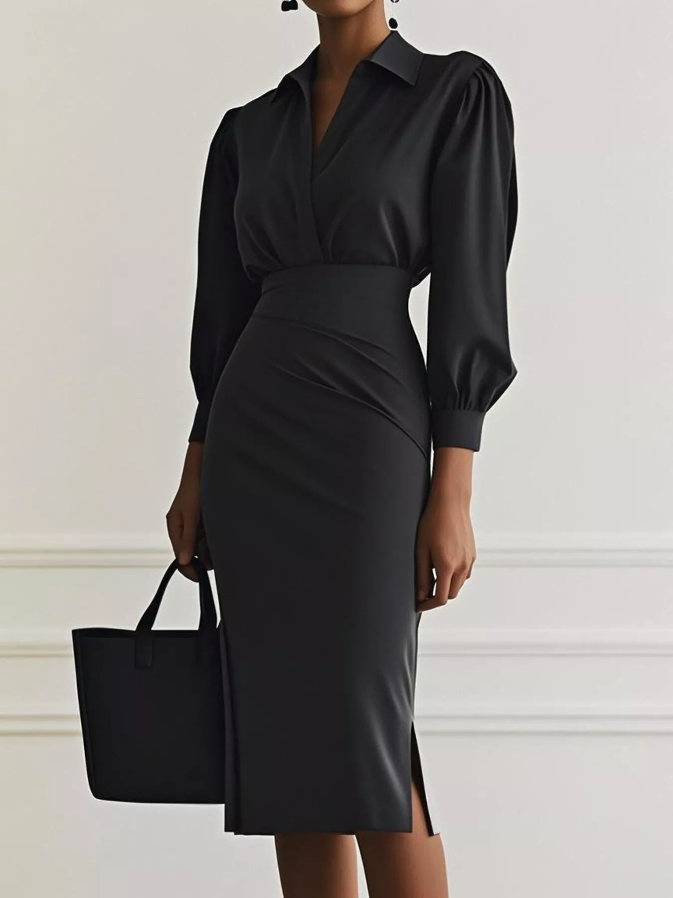 Robe chemise midi froncée avec fente latérale  Elégance District