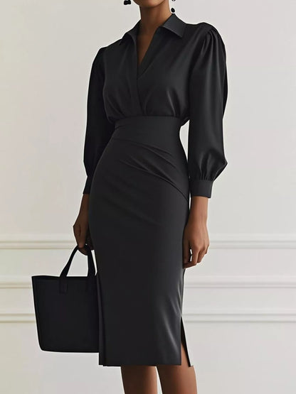 Robe chemise midi froncée avec fente latérale  Elégance District